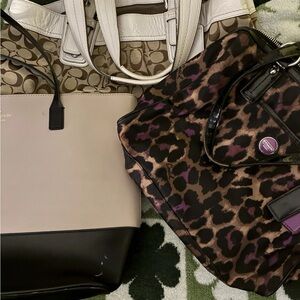 Coach Leopard Print Crossbody Bag with Black and Purple Accents and a Kate Soade